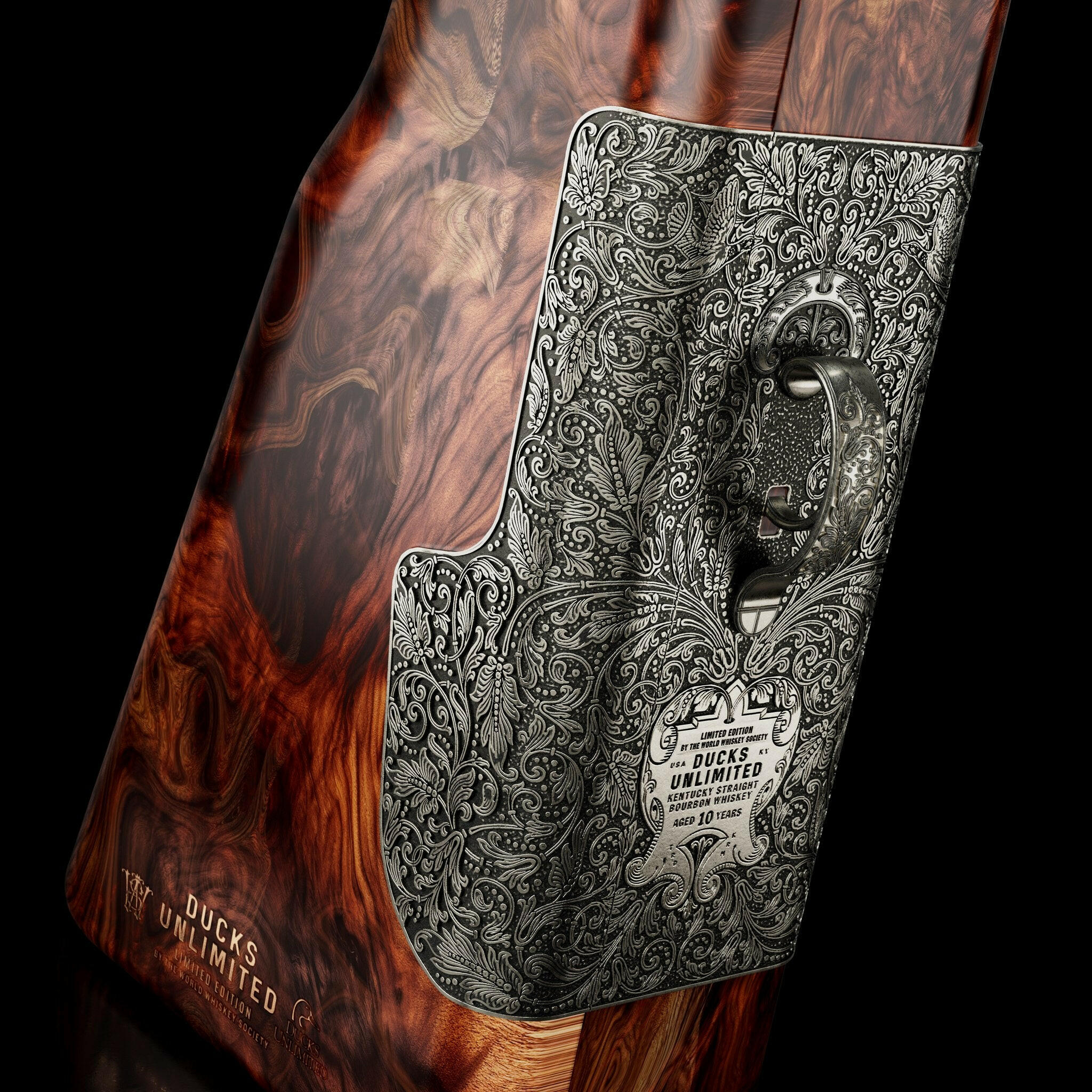 Ducks Unlimited logo overlaying a bottle of premium Kentucky Bourbon celebrating conservation efforts.