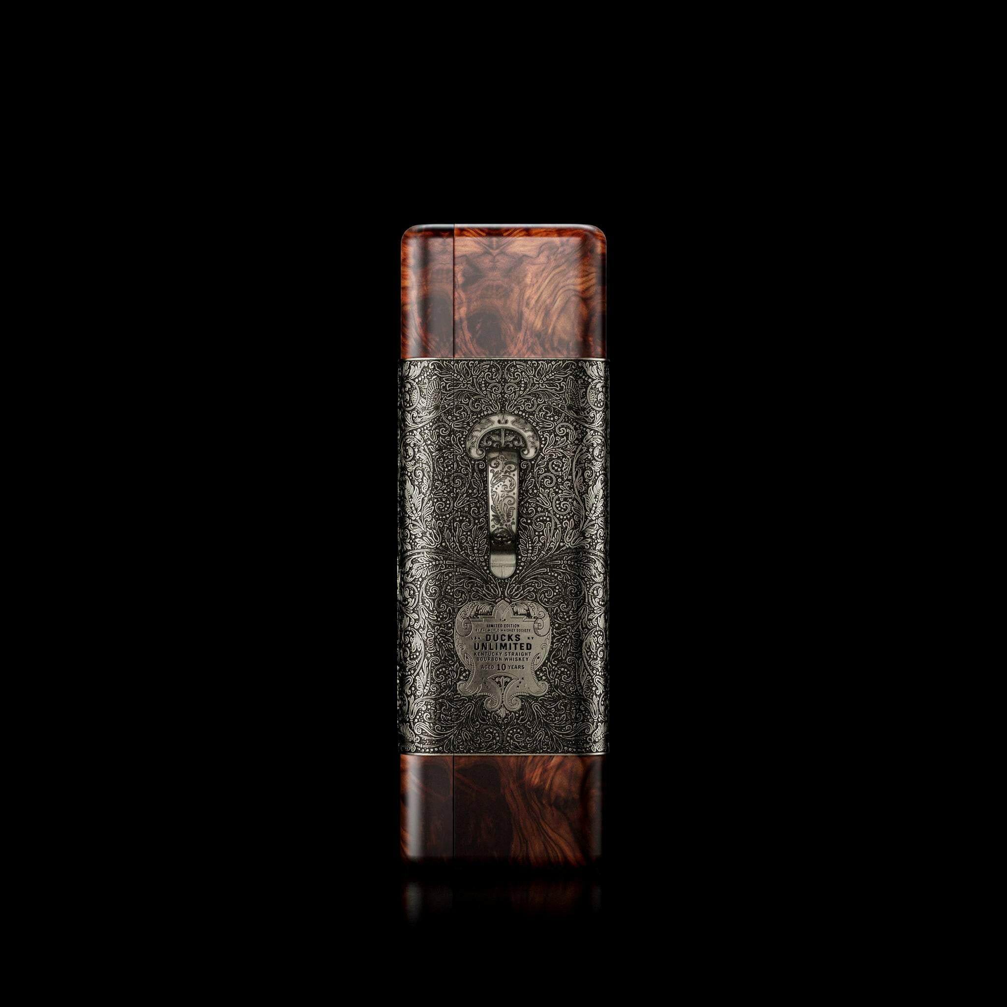 Ducks Unlimited logo overlaying a bottle of premium Kentucky Bourbon celebrating conservation efforts.