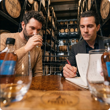 Whiskey experts tasting and taking notes in a barrel warehouse