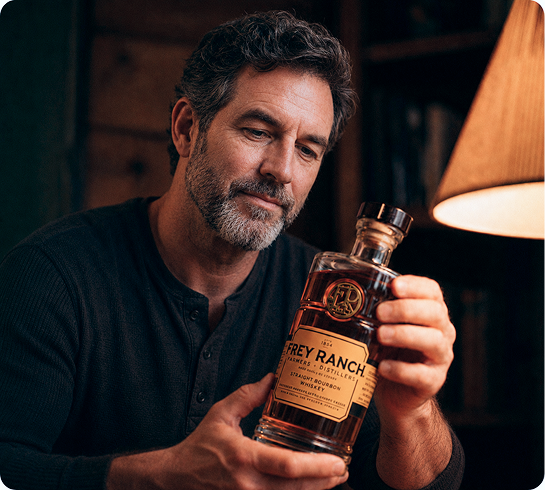 Man thoughtfully holding a bottle of bourbon