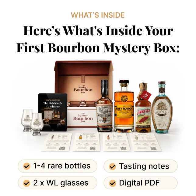 What's inside your first Bourbon Mystery Box: 1-4 rare bottles, tasting notes, 2 Whiskey Library glasses and a digital PDF
