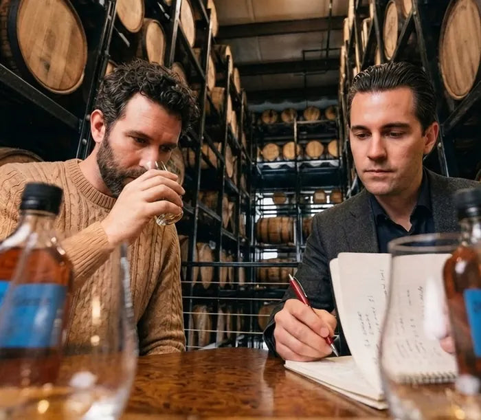 Two tasters working through bourbon samples in a barrel room