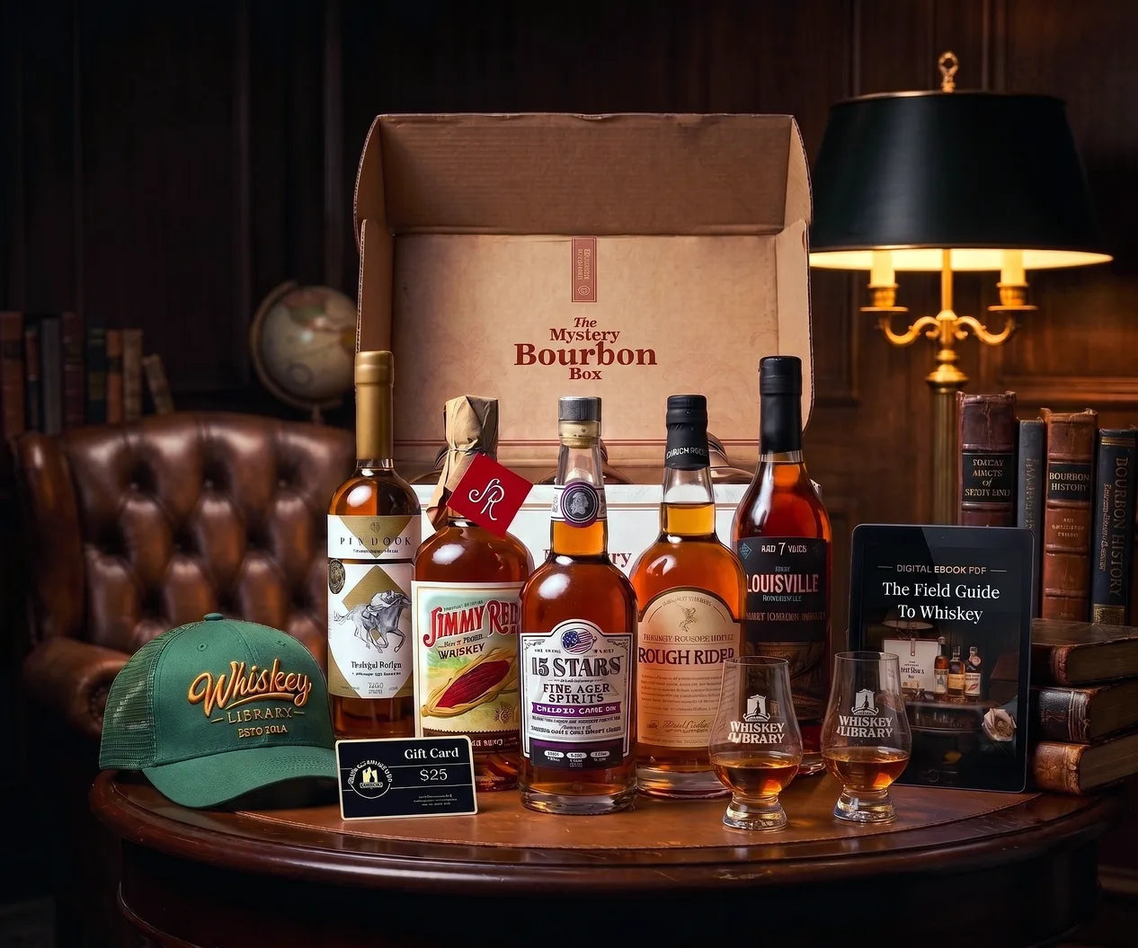 The Bourbon Mystery Box with bottles, glasses, a hat and the Field Guide