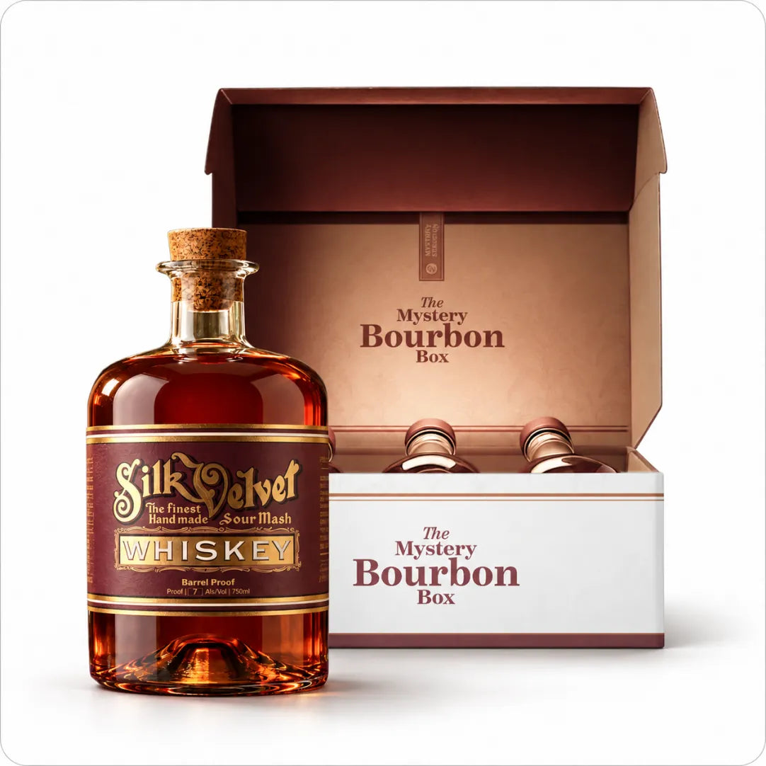 Silk Velvet Barrel Proof in front of an open Bourbon Mystery Box
