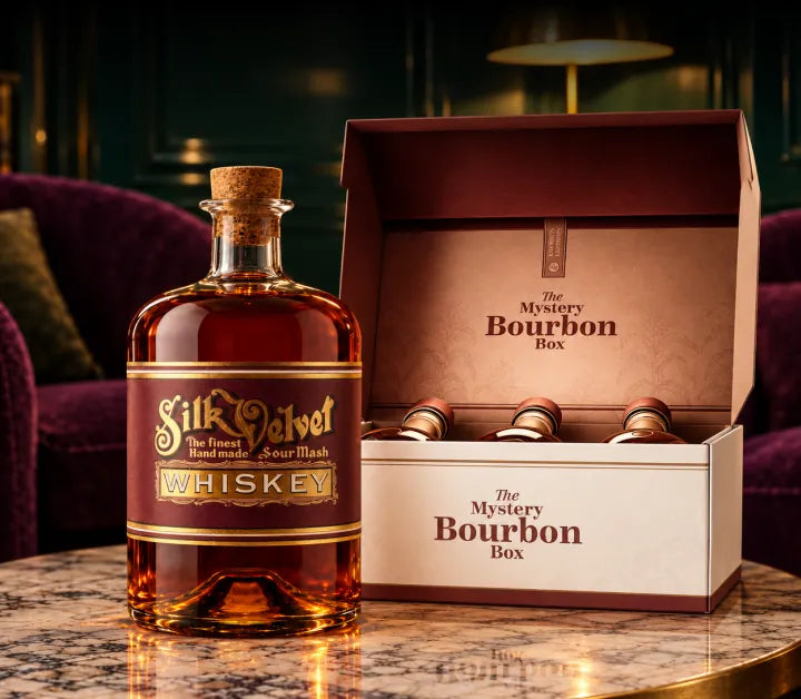 Silk Velvet Barrel Proof beside an open Bourbon Mystery Box