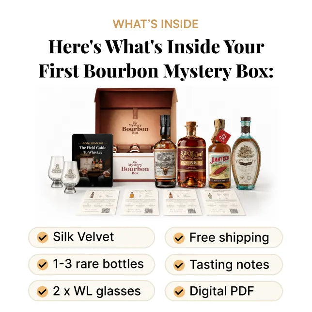 What's inside your first Bourbon Mystery Box: Silk Velvet, 1-3 rare bottles, 2 Whiskey Library glasses, free shipping, tasting notes and a digital PDF