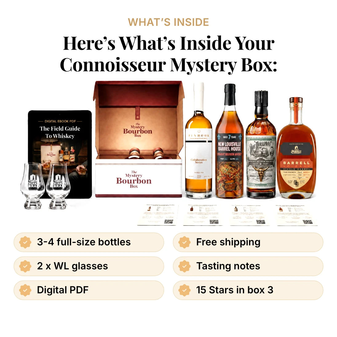 What is inside your Connoisseur Mystery Box: 3 to 4 full-size bottles, free shipping, two Whiskey Library glasses, tasting notes, the digital field guide, and 15 Stars in box 3