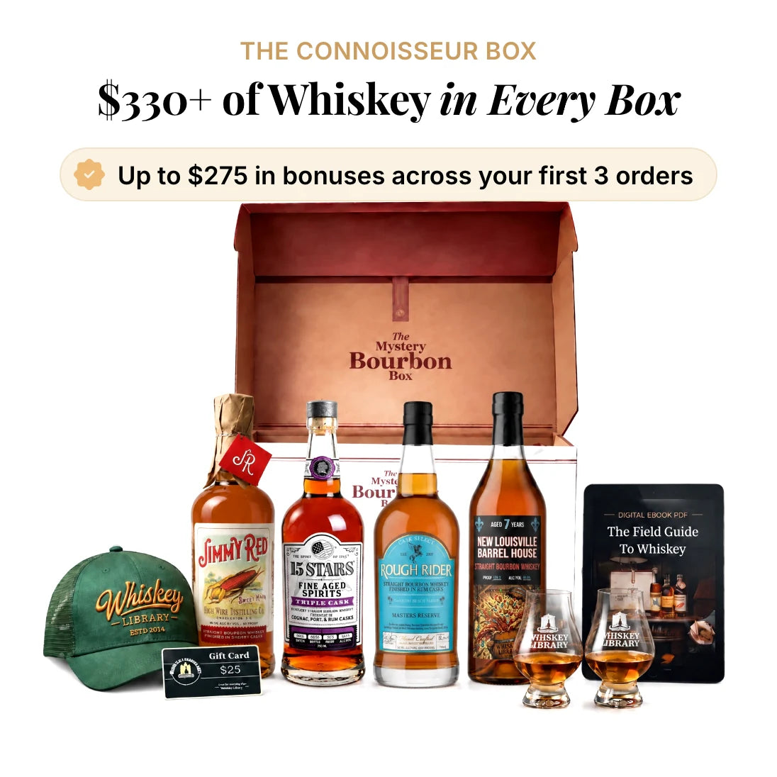 The open Mystery Bourbon Box with three bottles (Jimmy Red, Rough Rider, New Louisville), the 15 Stars Triple Cask bonus bottle, a Whiskey Library hat, a $25 gift card, two tasting glasses and the field guide. $330+ of whiskey in every box. Up to $275 in bonuses across your first 3 orders