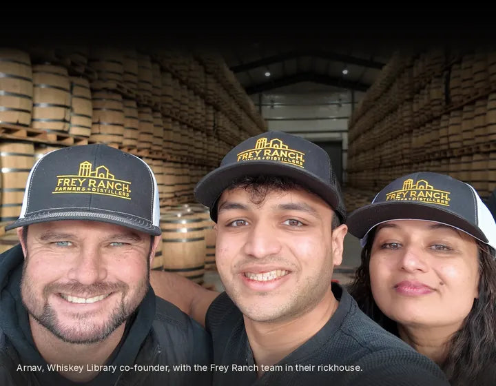 Arnav, Whiskey Library co-founder, with the Frey Ranch team in their rickhouse