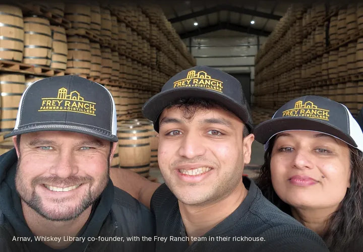 Arnav, Whiskey Library co-founder, with the Frey Ranch team in their rickhouse
